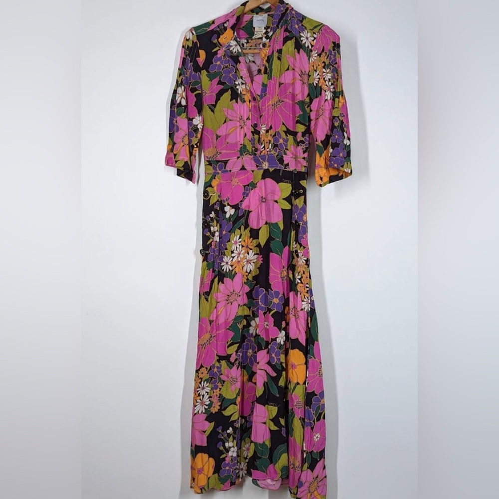 PATOU Floral Print Pleated Maxi Shirt Dress Size 36 US 2 Women's Preowned *flaws